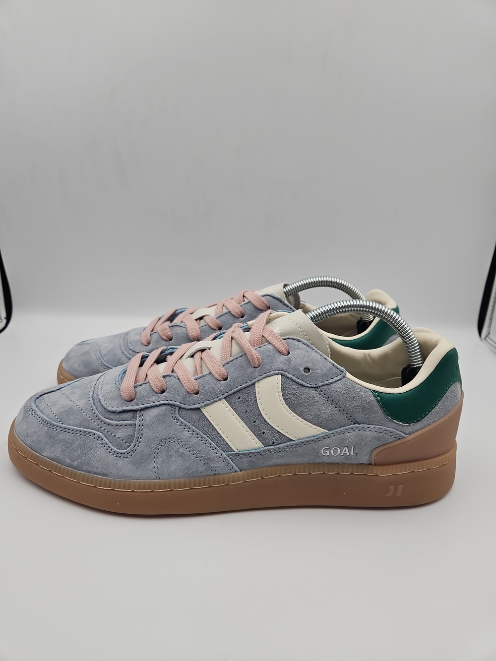 Coolway Light Blue Suede Sneakers with Cream Stripes and Pink Laces